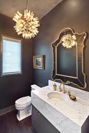 Gray And Gold Powder Room With Marble Vanity Contemporary Bathroom Beautiful Bathrooms Powder Room Design Bathroom Interior Design