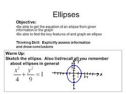 Ellipses Objective Be Able To Get The Equation Of An Ellipse From Given Information Or The Graph Be Able To Find The Key Featur Thinking Skills Ellipse Lesson