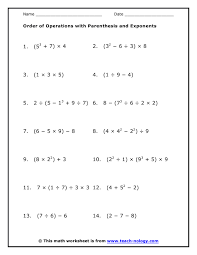 Order Of Operations With Parenthesis And Exponents Algebra Worksheets Order Of Operations Exponent Worksheets