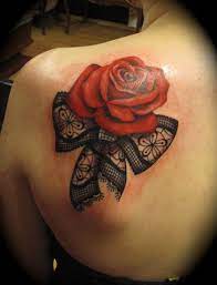 Red Rose With Bow Tattoo On Girl Left Back Shoulder Lace Tattoo Lace Tattoo Design Lace Bow Tattoos