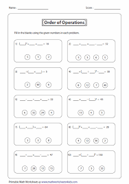 Fill In The Blanks Using The Given Numbers Order Of Operations Pre Algebra Worksheets Worksheets