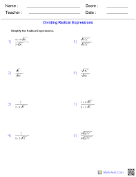 Algebra 1 Worksheets Radical Expressions Worksheets Radical Expressions Simplifying Algebraic Expressions Simplifying Radicals