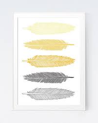 Grey Gray Yellow Feather Print Mustard And Gray Feather Art Gold And Grey Wall Art Home Wall Art Feathers Instant Download Feather Wall Decor Grey Wall Art Mustard Bedroom