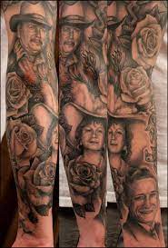 This Is A Magnificent Family Portrait Sleeve Done In An Old Western Theme Juste Splendide Cat Portrait Tattoos Portrait Tattoo Picture Tattoos