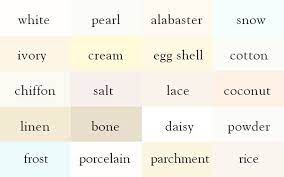 White Pearl Alabaster Snow Ivory Cream Egg Shell Cotton Chiffon Salt Lace Coconut Linen Bone Colors Name In English Color Theory Shades Of White