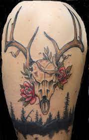Neo Traditional Deer Skull And Roses Tattoo And Black Silhouette Cover Up Deer Skull Tattoos Skull Tattoos Feminine Skull Tattoos