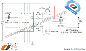 Simple Low Power Inverter Circuit 12v Dc To 230v Or 110v Ac Diagram Using Cd4047 And Irfz44 Power M Power Inverters Basic Electronic Circuits Circuit Diagram