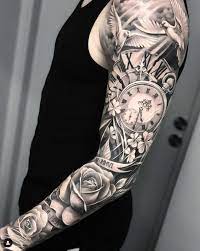 Black geometric tattoo on full sleeve. Pin By Sugih Ginanjar On Tatuagem In 2021 Hand Tattoos For Guys Sleeve Tattoos Clock Tattoo Sleeve