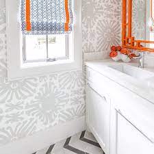 Gray And Orange Bathrooms Contemporary Bathroom Orange Bathrooms Bathroom Feature Wall Bathroom Wallpaper