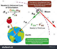 Newton S Universal Law Of Gravitation Infographic Diagram With Formula And Example Of Earth And Moon Attraction Force And Motion Infographic Newtons Third Law
