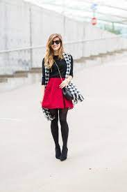 Red Skater Skirt With Tights Winter Date Night Outfit