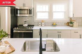 Before And After See How House Flippers Completely Transformed An Outdated Iowa Kitchen In 2021 Herringbone Tile White Kitchen Wood Floors Wood Floor Kitchen