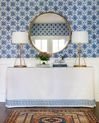 China Seas Sigourney Wallpaper By Andrea Leigh Interiors Side Table Design Dark Stained Wood Floors Console Table Styling