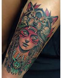 Matte Tulle Fabric Neon Green Neo Traditional Tattoo Wolf Girl Tattoos Headdress Tattoo
