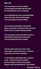 One Art Poem By Elizabeth Bishop Poem Hunter Elizabeth Bishop Poems Billy Collins