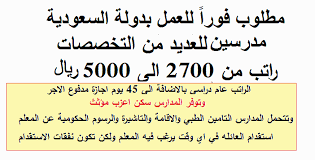 فورا للعمل بدولة السعودية مدرسين فصل دراسات اجتماعية حاسب لغة عربية كيمياء رياضيات لغة انجليزية بمزايا وراتب يصل 5000 ريال