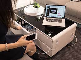 A Futuristic Coffee Table That Can Charge Your Phone And Store Your Beers Coffee Table With Fridge Cool Coffee Tables Smart Table