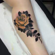 Yellow Rose Tattoo By Jason James Www Doomhand Com Yellow Rose Tattoos Traditional Rose Tattoos Rose Tattoo