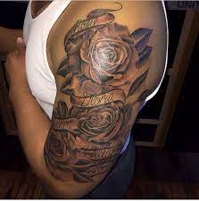 Half Sleeve Roses Tattoo With Name Banners Done By Katrina Jackson From 9mag Tattoos In Chica Half Sleeve Rose Tattoo Rose Tattoo With Name Half Sleeve Tattoo
