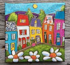 Peinture Originale Acrylique Et Technique Mixte Dessin Les Maisons Aux Couleurs Ditalie 6 X 6 Par Lartiste Pe Whimsical Art Colorful Paintings Acrylic Art