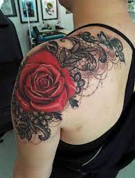 Red Rose Shoulder Floral Flower Tattoo Ideas For Women At Mybodiart Com Lace Tattoo Shoulder Tattoos For Women Lace Shoulder Tattoo