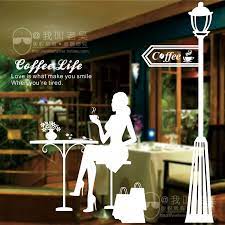 Hot Selling Coffee Shop Vinyl Wall Decal Coffee Life Letters Art Wall Sticker Girl Having Coffee Under Light Vinyl Wall Decals Glass Window Decor Window Decals