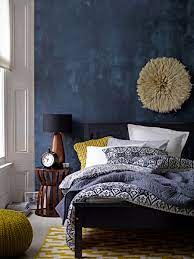 Deep Blue Accent Wall In Modern Eclectic Bedroom Gorgeous Use Of Color With Wall And Bedding Eclectic Bedroom Modern Eclectic Bedroom Home Decor