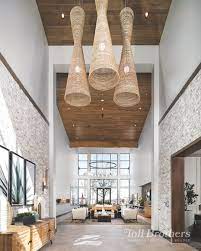 Dramatic Woven Oversized Pendants Make This Double Height Entry Moderndesign Interiordesign Twostoryentry Tall Ceiling Decor Tall Ceilings Interior Design