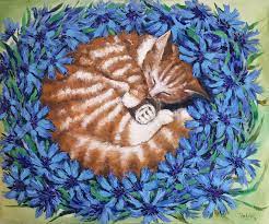 Sweet Dreams A Ginger Cat Sleeping In Cornflowers By Irina Redine Paintings For Sale Bluethumb Handmade Canvas Art Oil Painting On Canvas Oil Painting