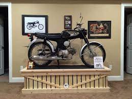 1967 Honda S90 Motorcycle On Display Stand In My Basement Stand Made From Pallets Vintage Honda Motorcycles Retro Motorcycle Honda Bikes
