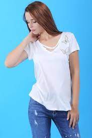 Bayan Tisort Kelebek Desen Beyaz T Shirt Etnik Kombin Tarzi Spor Toptan Aksesuar Otantik Bayangiyim Deri Firsat Kiz Hamile Kis Moda Giyim Elbise