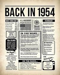 Back In 1954 Newspaper Poster Printable 1954 Printable Etsy Birthday Poster Birthday Sign Birthday Printables