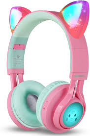 Riwbox CT-7 Cat Ear Bluetooth Headphones, LED Light Up Bluetooth Wireless  Over Ear Headphones with Microphone and Volume Control for  iPhone/iPad/Smartphones/Laptop/PC/TV (Pink&Green)