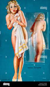 Nackte Frau mit Handtuch stand vor, Doppelbelichtung, Mutoscope  Spiegelkarte, 1940er Jahre Stockfotografie - Alamy