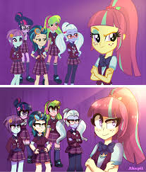 1074798 - safe, artist:akapiiart, derpibooru import, indigo zap, lemon  zest, sci-twi, sour sweet, sugarcoat, sunny flare, twilight sparkle,  equestria girls, friendship games, clothes, crystal prep academy uniform,  crystal prep shadowbolts, scene ...