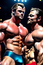 brave-hornet281: Chris Hemsworth and Leonardo DiCaprio depicted as  bodybuilders, gay, kissing in bed, completely bare, huge crotch, grabbing  genitalia, hyper realistic, close up on crotch, extremely realistic crotch