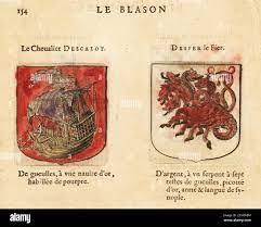 Coats of arms of the Eighth Chapter of King Arthur's Knights of the Round  Table: the Knight attired in Scarlet, with gold ship, Dezier the Fierce,  with seven-headed serpent. Chevaliers de la