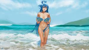 aqua (konosuba) beach blue eyes blue hair breasts fan kono subarashii sekai  ni shukufuku wo! long hair navel nude steamy tomato water wet |  konachan.com - Konachan.com Anime Wallpapers