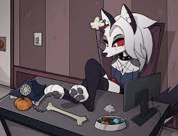 122170 - safe, artist:biskydraws, loona (vivzmind), canine, fictional  species, hellhound, mammal, anthro, hazbin hotel, helluva boss, 2021,  animated, breasts, cell phone, clothes, ears, female, gif, gray hair, hair,  halloween, holiday, long hair,