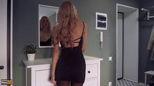 Cute petite dress stripping showing ass in pantyhose