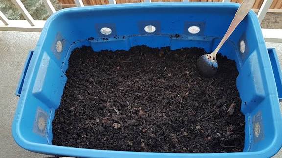 DIY kitchen compost bin made from a bucket on a balcony