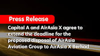 Capital A and AirAsia X agree to extend the deadline for the proposed disposal of AirAsia Aviation Group to AirAsia X Berhad