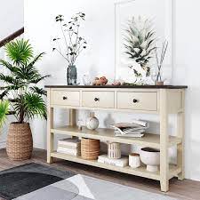 Retro And Modern Design 50 In Beige And Espresso Rectangle Pine Console Table With 3 Top Drawers And 2 Open Shelves