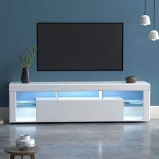 Seafuloy 63 In White Wall Mounted Floating Mdf Tv Cabinet With 16 Colors Of Led Lights And 2 Drawers