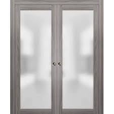 Sartodoors 48 In X 84 In 1 Panel Grey Finished Solid Wood Sliding Door With Double Pocket Hardware Gray