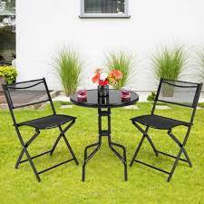 Alpulon Indoor Outdoor 3 Piece Metal Folding Bistro Set With Glass Top Table