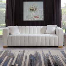 Modern 85 8 In Square Arm Velvet 3 Seater Rectangle Channel Sofa Traditional Chesterfield Sofa With Pillows In White