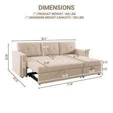 78 In W Beige Reversible Velvet Sleeper Sectional Sofa Storage Chaise Pull Out Convertible Sofa In Beige