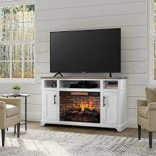 Home Decorators Collection Hillrose 52 In Freestanding Electric Fireplace Tv Stand In White With Rustic Taupe Oak Top