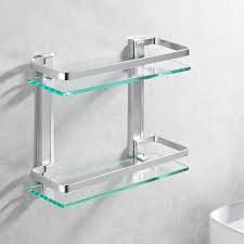 Acehoom 14 In W X 5 In D X 12 In H Silver Wall Mount 2 Tier Bathroom Glass Floating Shelf